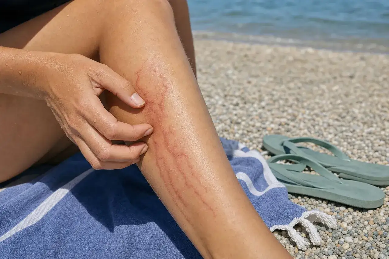 Una persona si tocca la gamba con segni rossi, forse per sapere cosa fare se ti tocca una medusa. In spiaggia, con infradito e mare sullo sfondo.