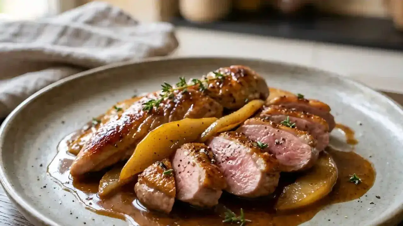 Délicieuses aiguillettes de canard poêlées, servies avec des quartiers de poire caramélisés et une sauce onctueuse.
