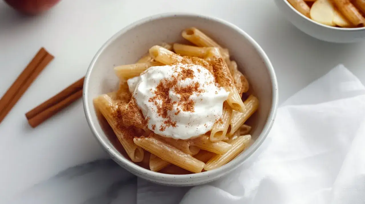 Penne makaron z jabłkami, polany śmietaną i posypany cynamonem. Pyszne danie, które rozgrzewa.