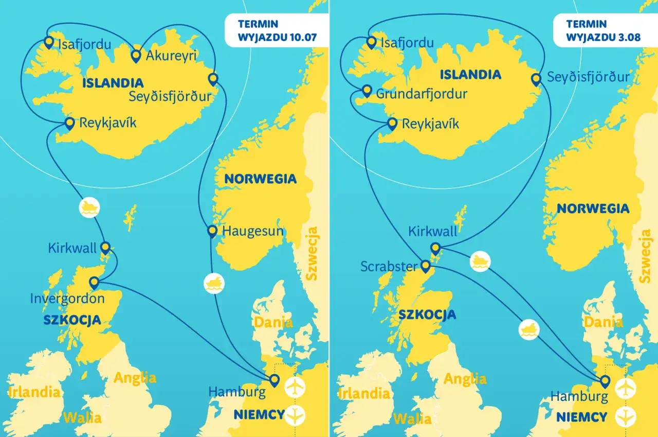 Dwie mapy tras rejsów na Islandię: jedna z 10.07, druga z 3.08. Trasy obejmują Islandię, Norwegię, Szkocję i Niemcy.