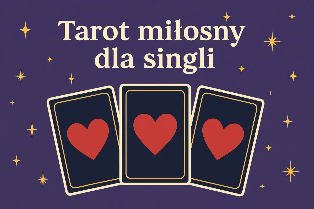 Tarot miłosny dla singli: trzy karty z sercami na granatowym tle, otoczone gwiazdkami.