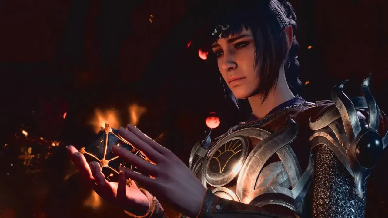 Elfka w zbroi z Baldur's Gate trzyma tajemniczy artefakt, otoczona płomieniami.