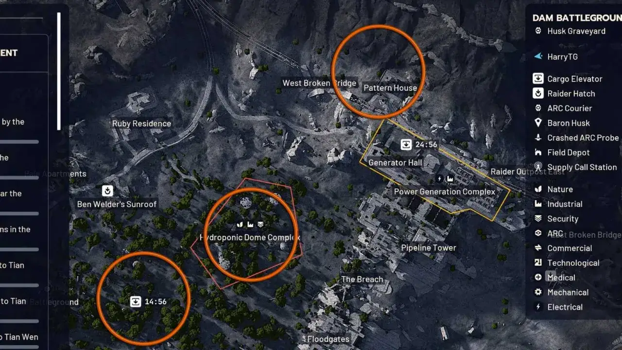 Mapa arc raiders: obszary Pattern House i Hydroponic Dome Complex zaznaczone okręgami. Widać Generator Hall i Power Generation Complex.
