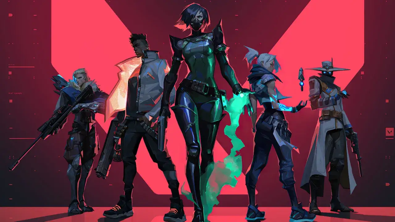 Pięciu agentów Riot Vanguard, w tym Viper, Phoenix i Cypher, pozuje na tle czerwonej grafiki.