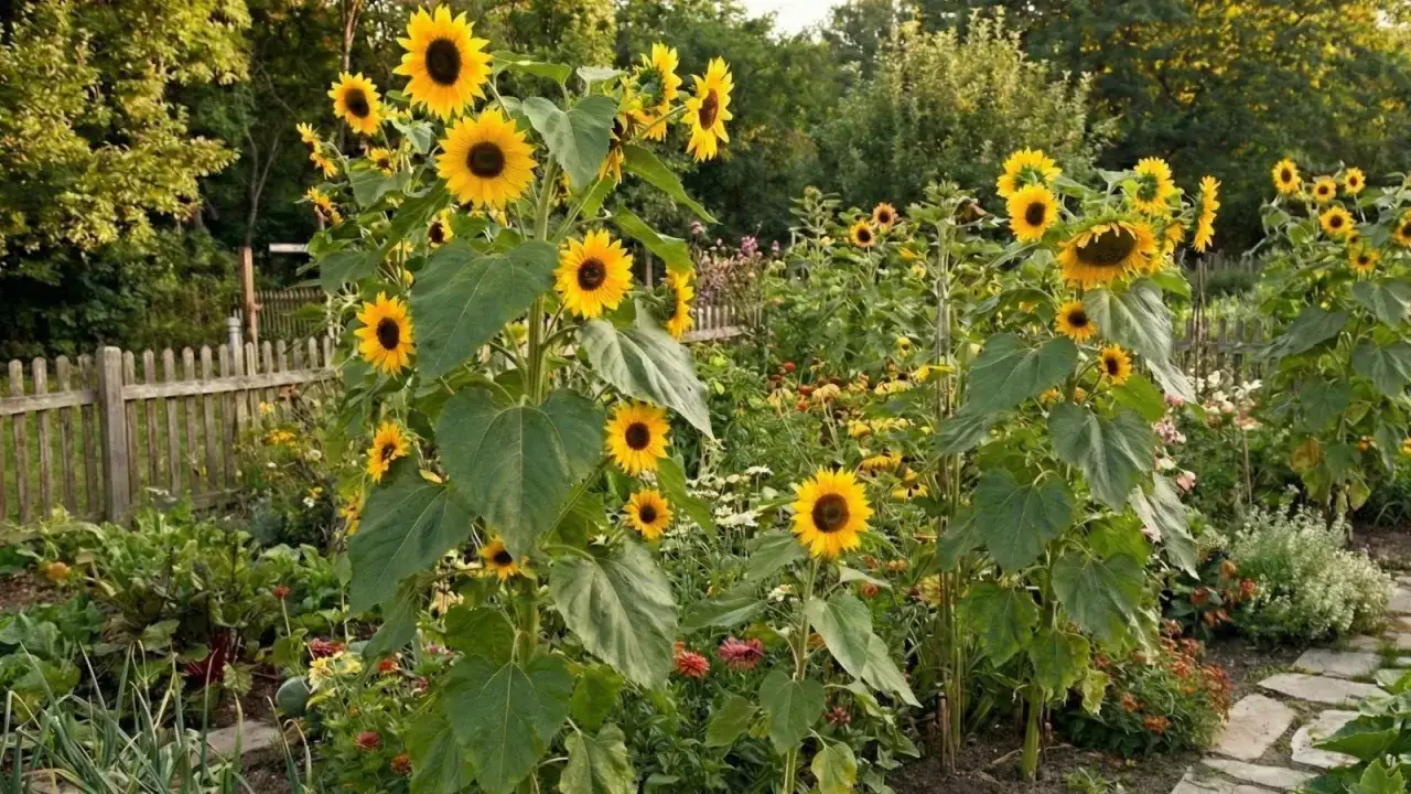 En solrosäng i full blom, perfekt för att plantera ut solrosor. En rustik trästaket ramar in trädgården.