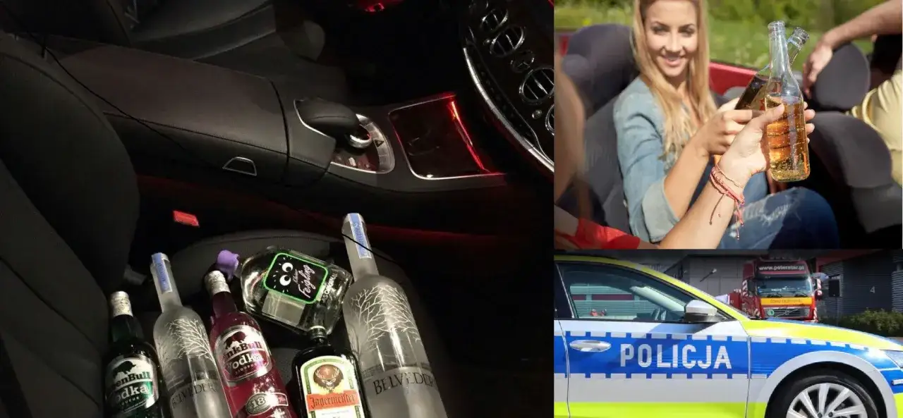 Butelki alkoholu w samochodzie i ludzie pijący piwo w kabriolecie. Czy można pić piwo w aucie? Policja czuwa.