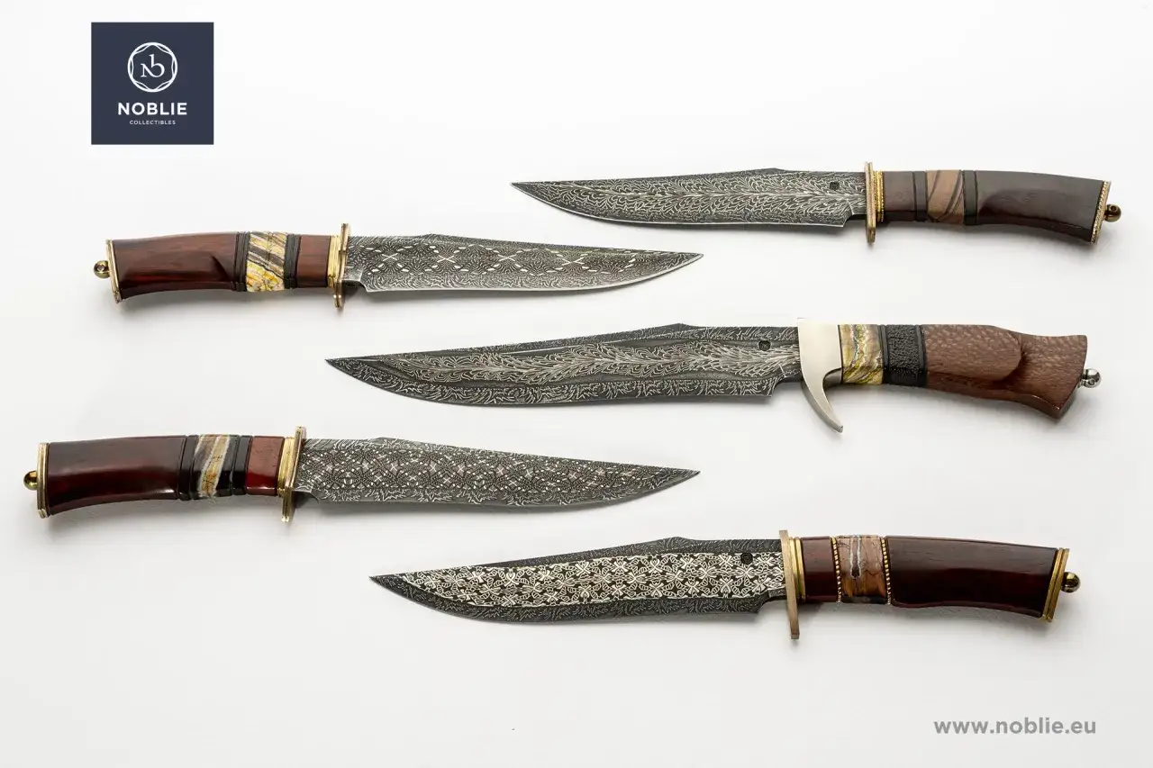 Cuchillos Bowie originales con grabados damasquinos y mangos de madera ex&oacute;tica. Descubre su precio y exclusividad.