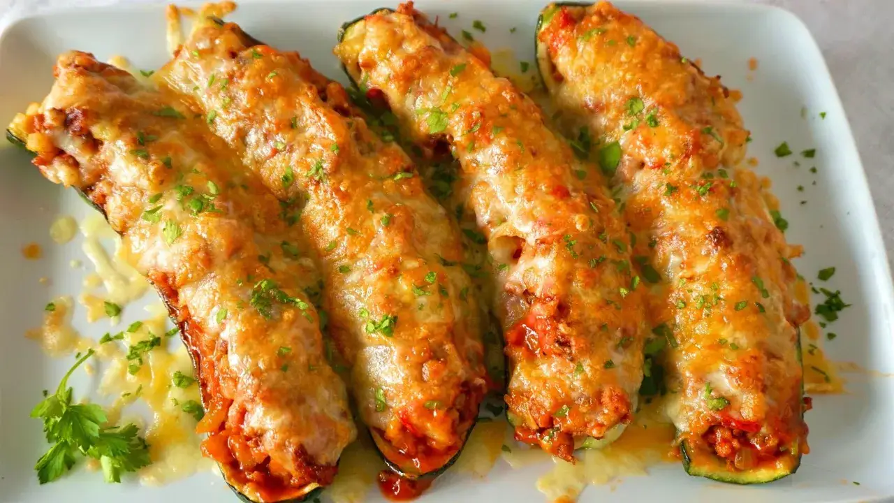 Cuatro calabacines rellenos de carne, cubiertos con queso derretido y perejil picado, servidos en un plato blanco.