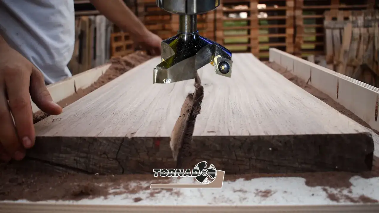 Une défonceuse sert à creuser le bois. Ici, elle crée une rainure dans une planche, produisant de la sciure.