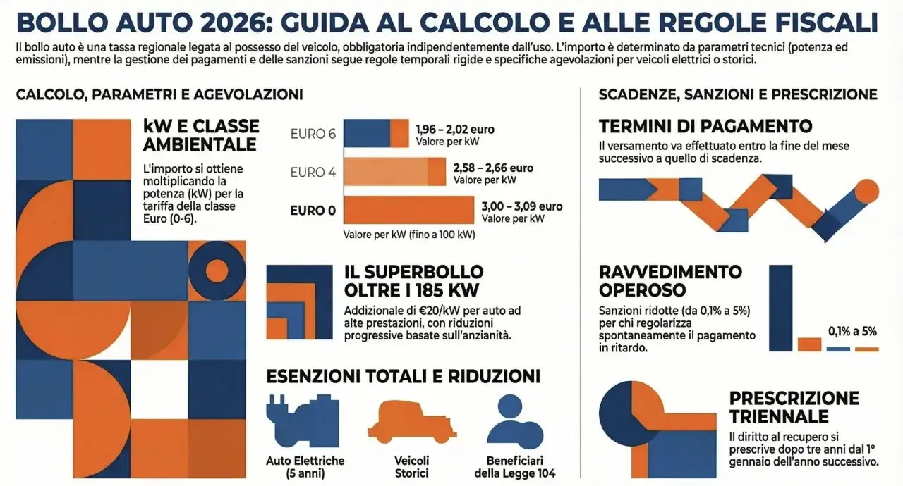 Guida al bollo auto 2026: calcolo, sanzioni e agevolazioni, incluse quelle per veicoli elettrici e storici, in linea con l'art. 46 CDS.