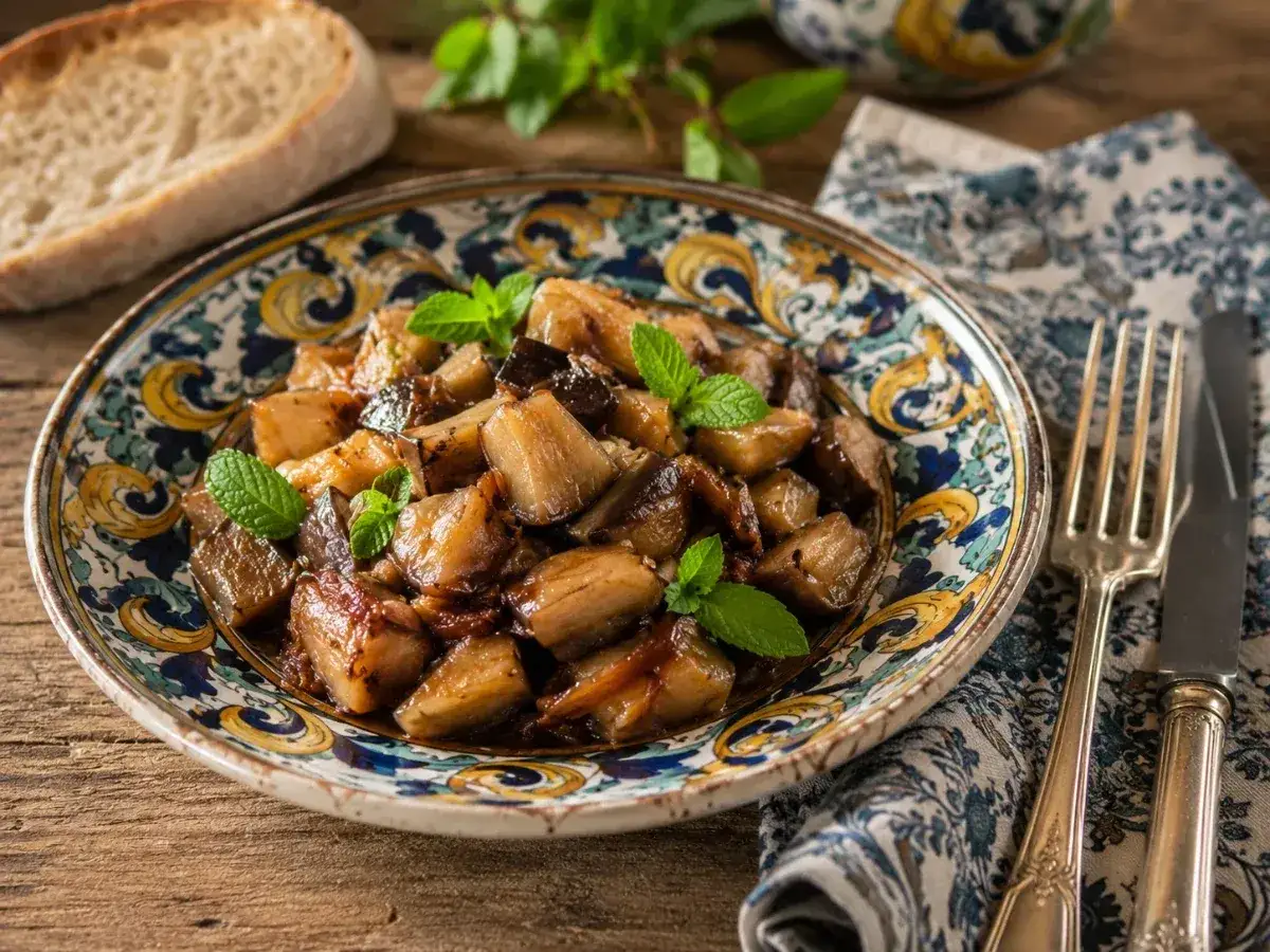 Piatto di melanzane in agrodolce, guarnito con menta fresca, su un piatto decorato. Accanto, pane rustico e posate.