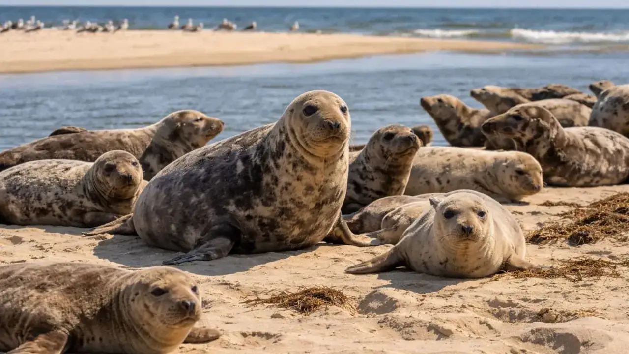 Foki w Bałtyku odpoczywają na piaszczystej plaży. W tle widać morze i mewy.