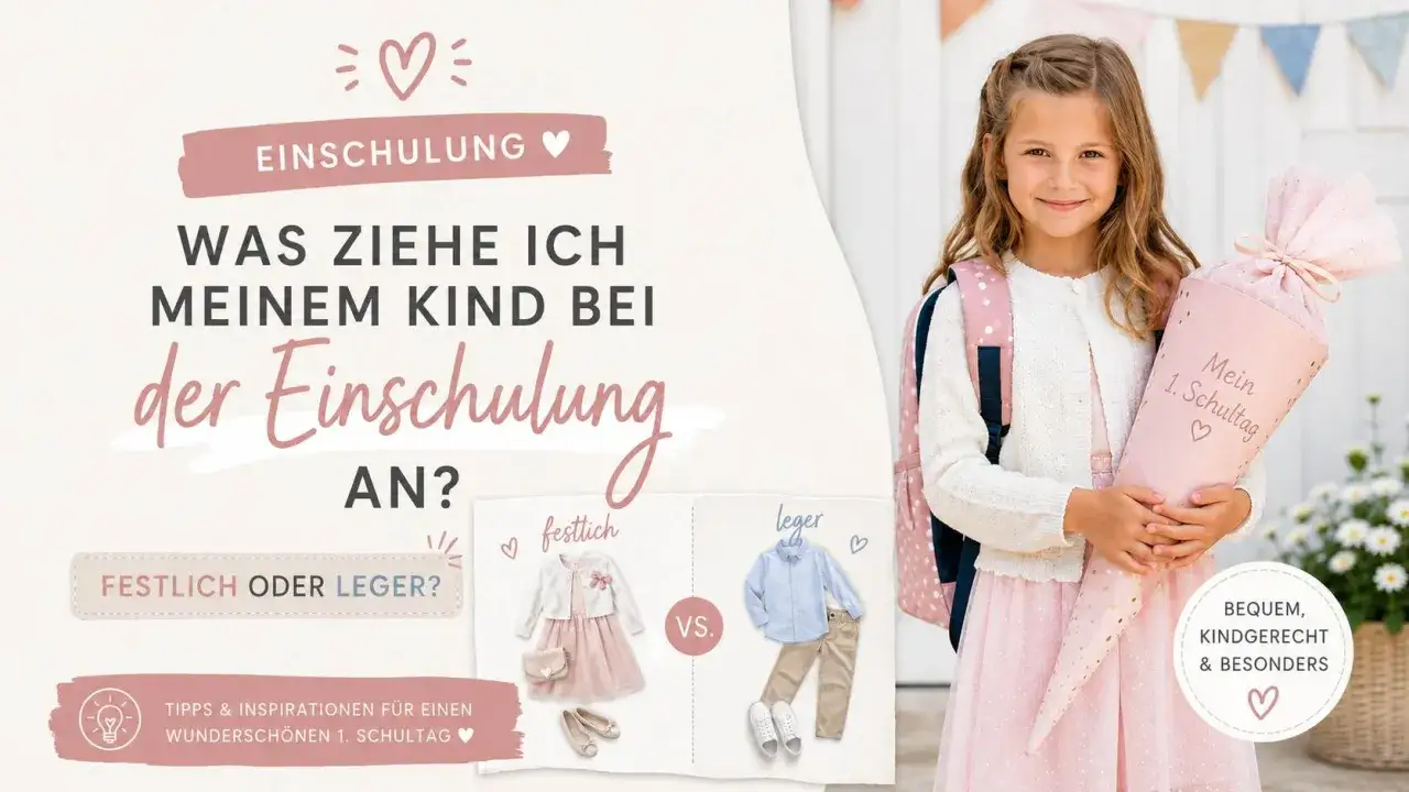 Was zieht man zur Einschulung an als Gast? Das Bild zeigt ein M&auml;dchen mit Schult&uuml;te und gibt Tipps f&uuml;r festliche oder legere Outfits.