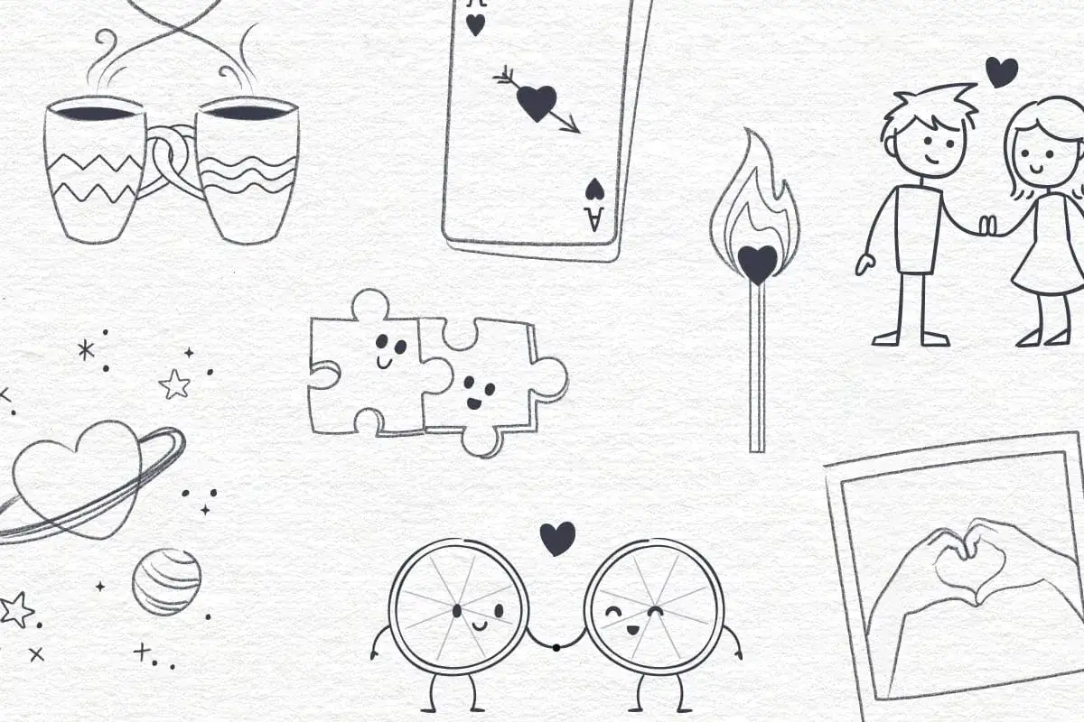 Tiernos dibujos de amor: tazas humeantes, pareja de rompecabezas, cerilla encendida, pareja de palitos, naranjas unidas y manos formando un coraz&oacute;n.
