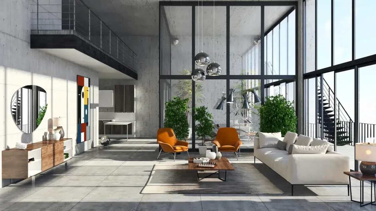 Nowoczesne wnętrze w stylu bauhaus: beton, szkło, stal i pomarańczowe akcenty. Duże okna, antresola, designerskie meble.