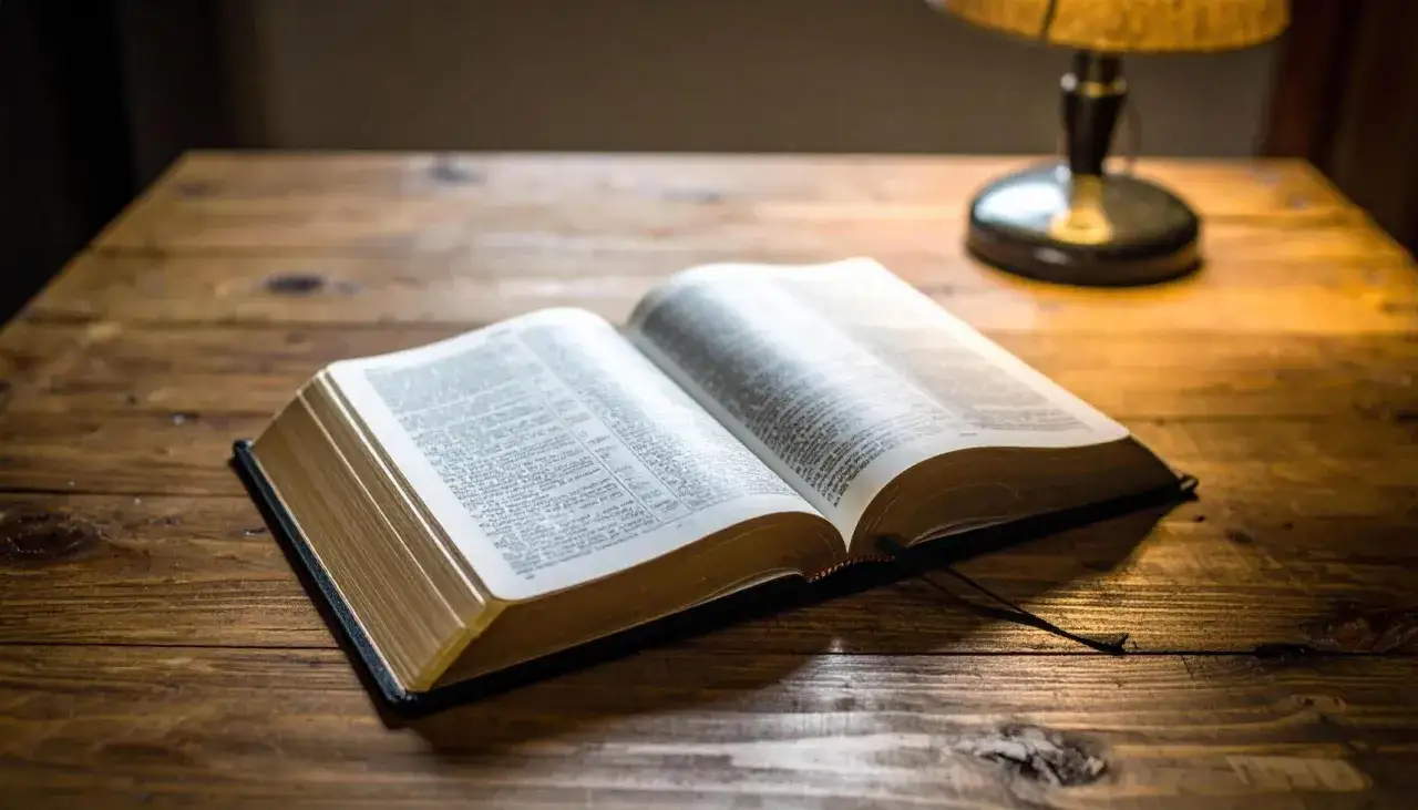 Otwarta księga w biblijnym stylu, oświetlona lampą, leży na drewnianym stole.