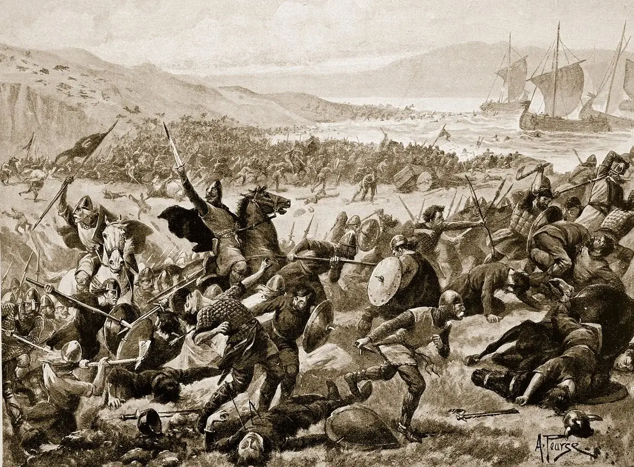 Epische Schlacht bei Brunanburh: Ritter zu Pferd und Soldaten kämpfen erbittert, während Schiffe am Horizont anlegen.