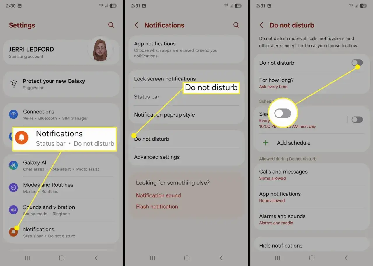 Ustawienia telefonu Samsung: włączanie trybu nie przeszkadzać, aby wyciszyć powiadomienia i rozmowy.