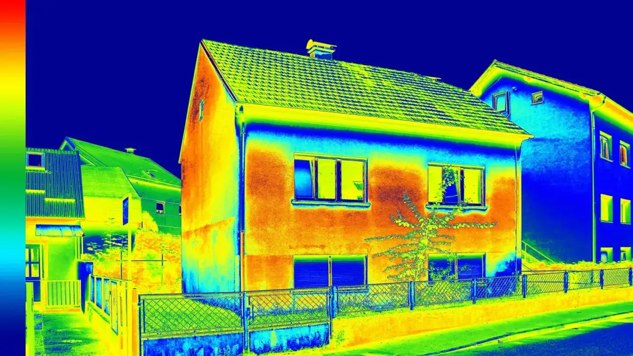 Maison en thermographie, montrant les déperditions de chaleur. Le **DPE** (Diagnostic de Performance Énergétique) serait bien plus parlant avec cette image.
