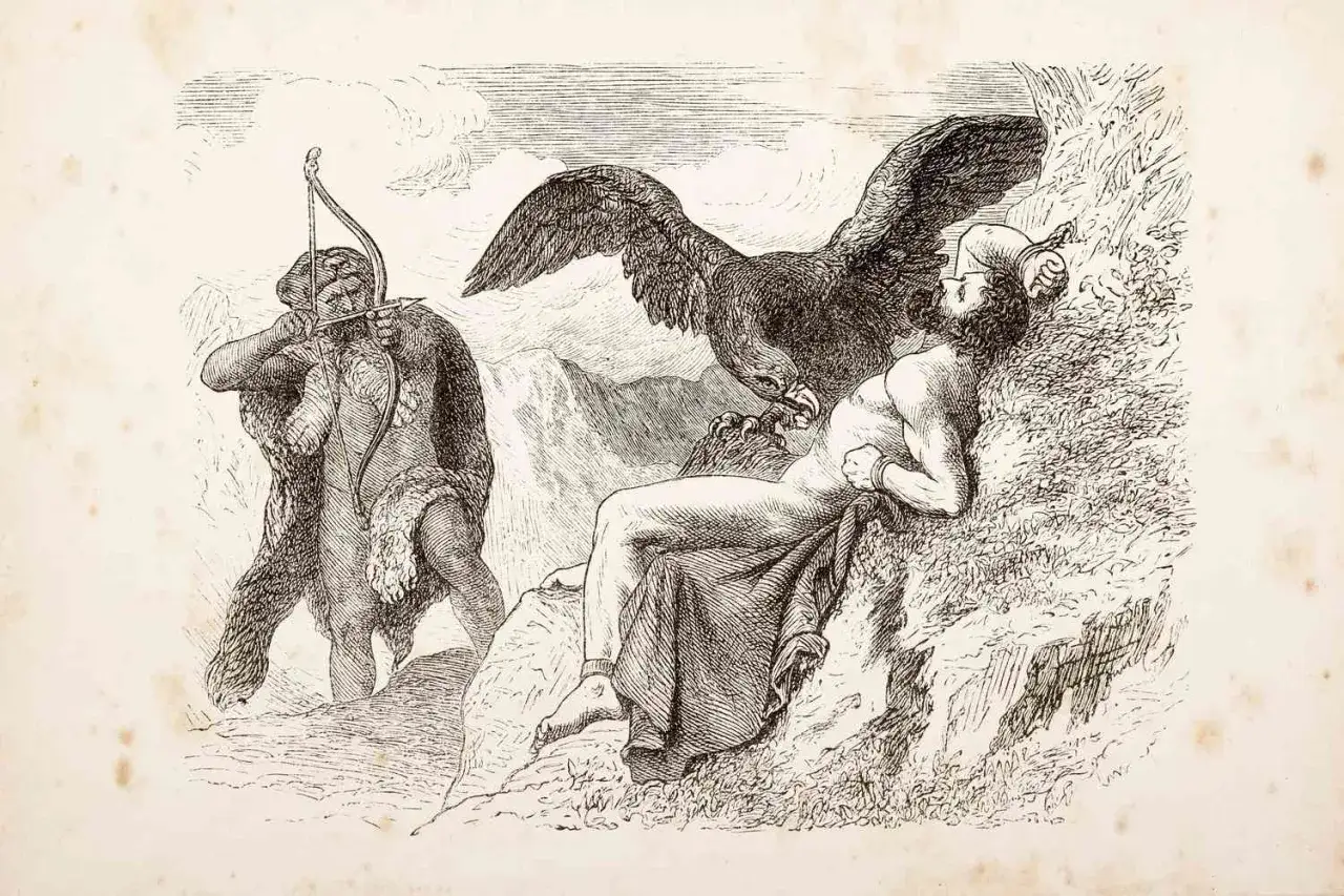 Herakles strzela do orła, który dręczy cierpiącego Prometeusza przywiązanego do skały.