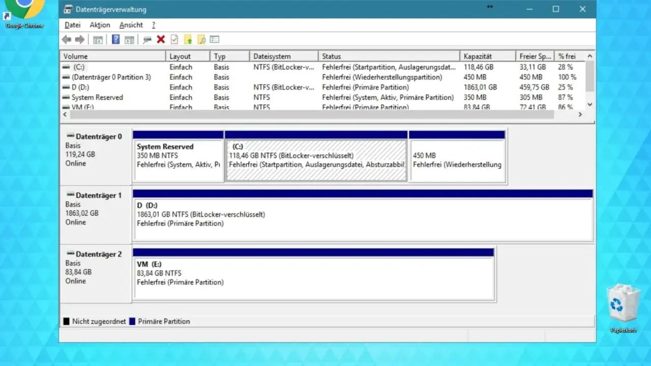 Datentr&auml;gerverwaltung zeigt, wie man die Windows Partition verkleinern kann. Hier wird die C:-Partition mit 118,46 GB angezeigt.