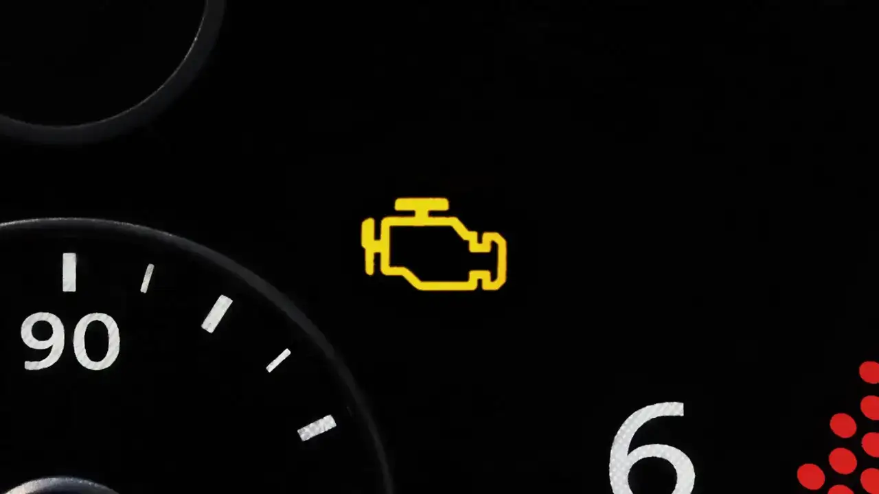 Gelbe Motorleuchte leuchtet auf dem Armaturenbrett. Ein Warnsignal, das auf ein Problem mit dem Motor hinweist.