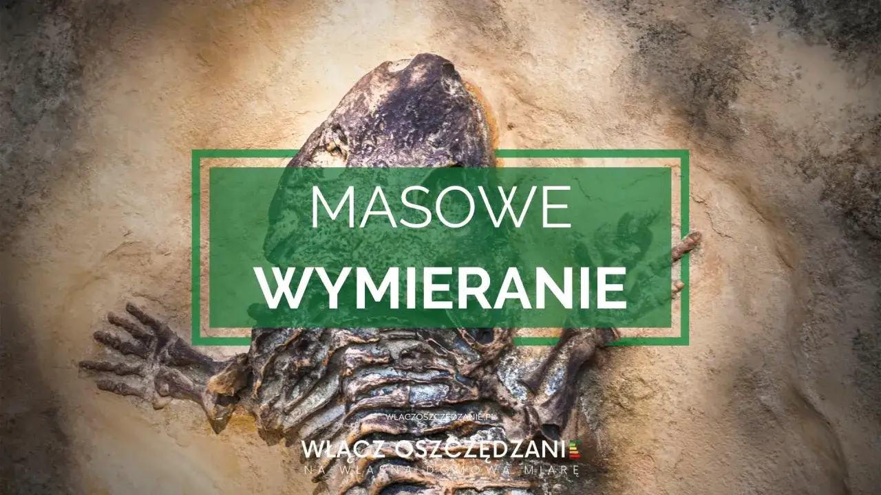 Szkielet pradawnego stworzenia, przypominający o wielkim wymieraniu permskim. Napis 