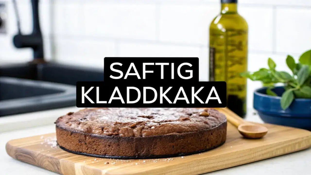 Saftig kladdkaka med olja, redo att avnjutas. En h&auml;rlig chokladkaka p&aring; ett tr&auml;fat, med en olivoljeflaska och gr&ouml;na blad i bakgrunden.