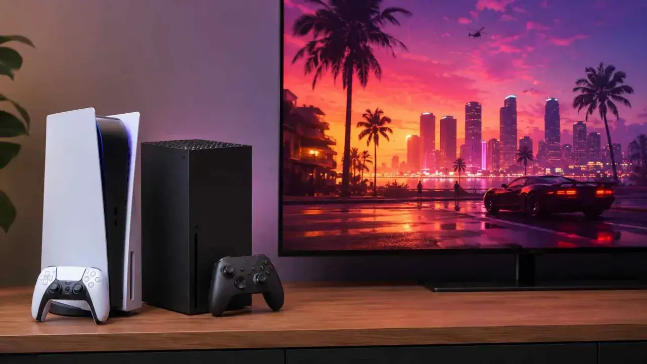 Konsola PS5 i Xbox obok telewizora z widokiem na Miami, idealne do gry GTA 6.
