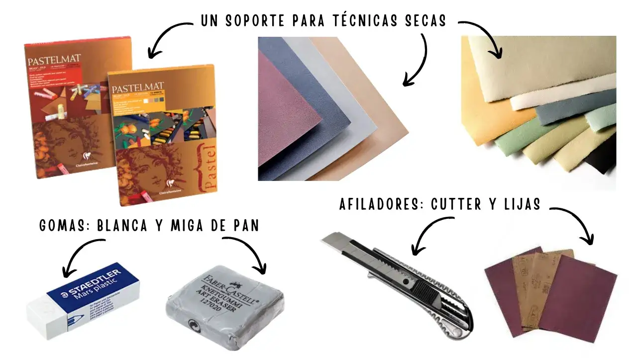 Materiales para la t&eacute;cnica pastel: papeles de colores, gomas, cutter y lijas.