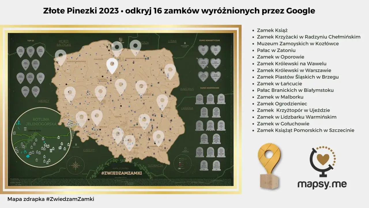 Mapa pokazuje, ile jest zamków w Polsce, wyróżniając 16 z nich. Znajdziesz tu Zamek Książ, Malbork i wiele innych. #ZwiedzamZamki