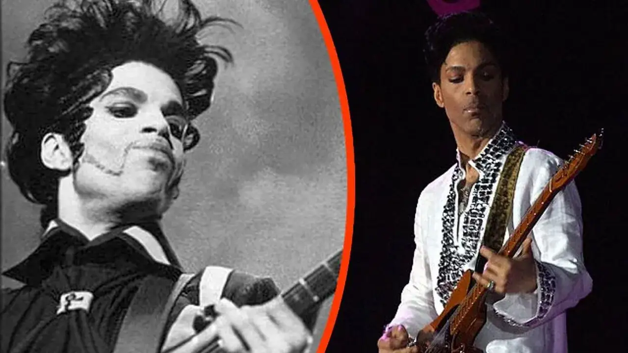 Ikoniczny prince w czerni i bieli oraz w kolorze, grający na gitarze.