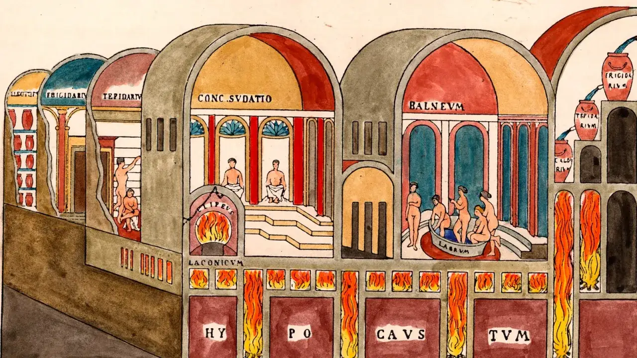 Antike r&ouml;mische Thermen: Menschen genie&szlig;en verschiedene B&auml;der in einer detaillierten Darstellung der Anlage, die an eine **Therme Rom** erinnert.