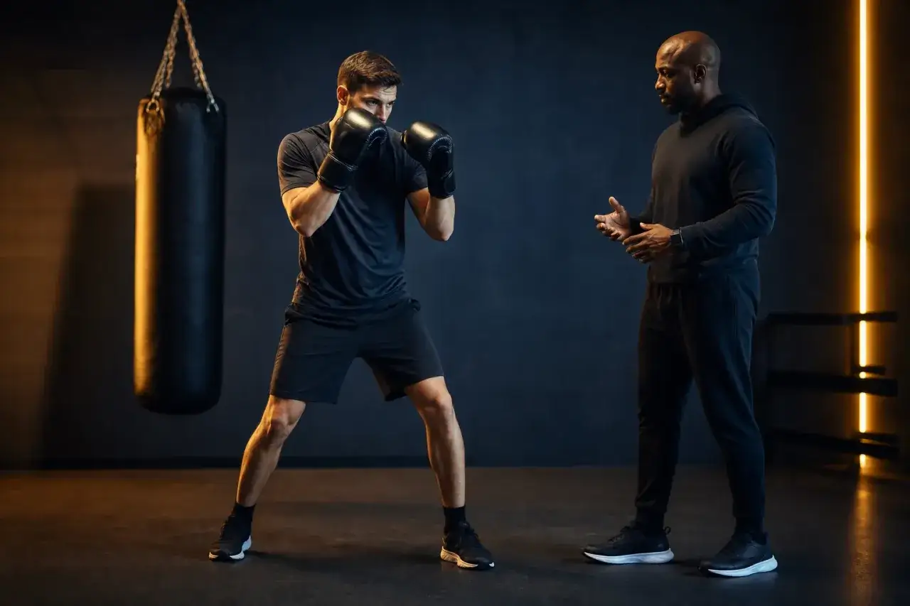 A boxer in a fighting stance, gloves up, is coached by a trainer in a dark gym with a punching bag.