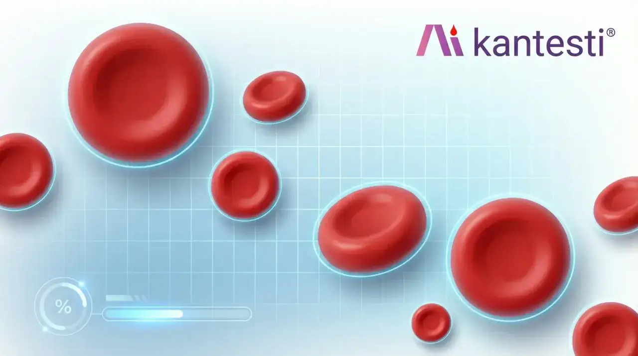 Czerwone krwinki o różnej wielkości, sugerujące anizocytozę, na tle siatki laboratoryjnej. Logo Kantesti.