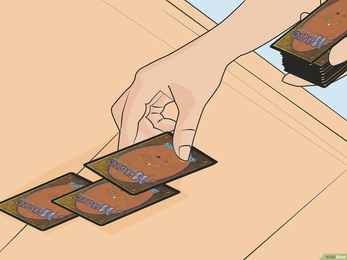 Mano che seleziona carte per il **deck building** di Magic: The Gathering.