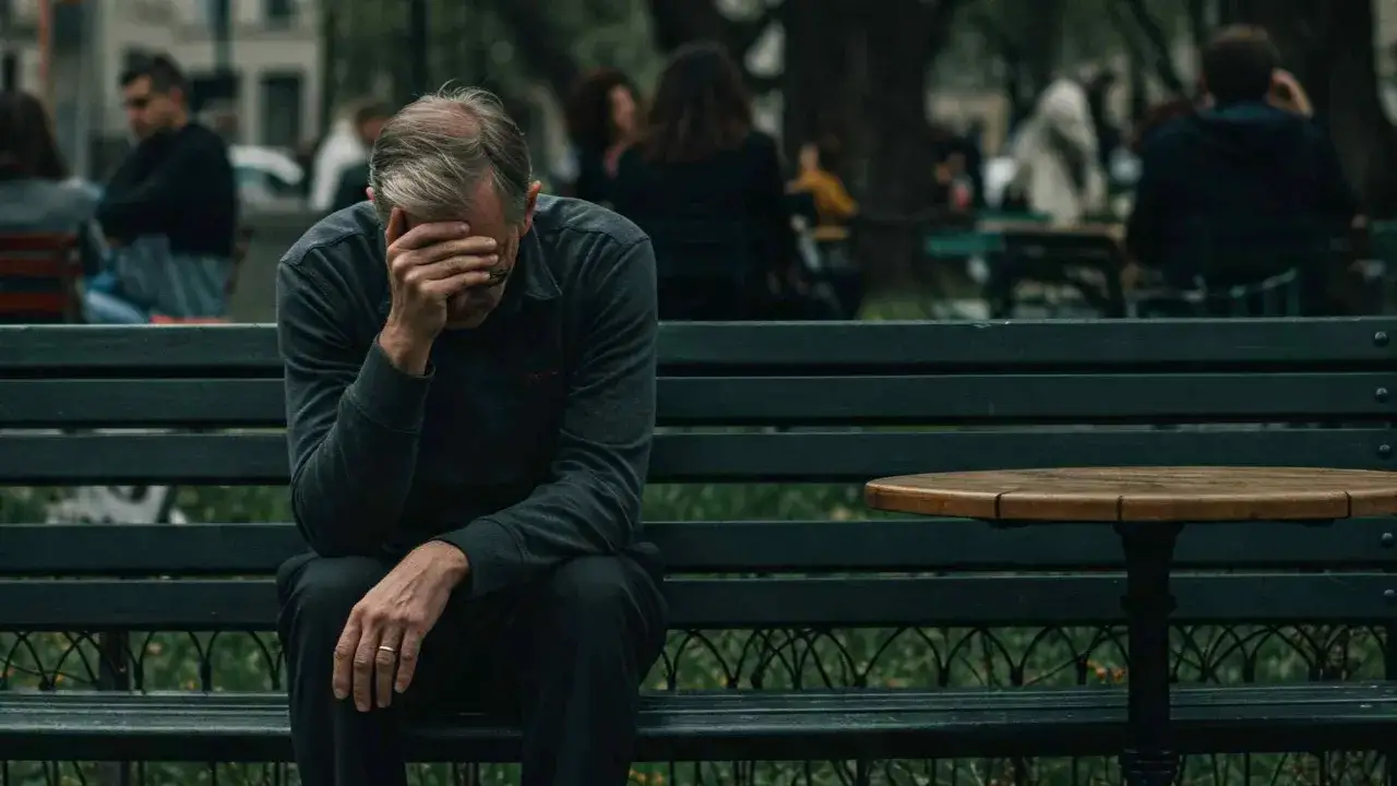 Ein Mann sitzt allein auf einer Parkbank, das Gesicht in den Händen vergraben. Er fühlt sich, als wenn man ignoriert wird, während andere im Hintergrund vorbeigehen.