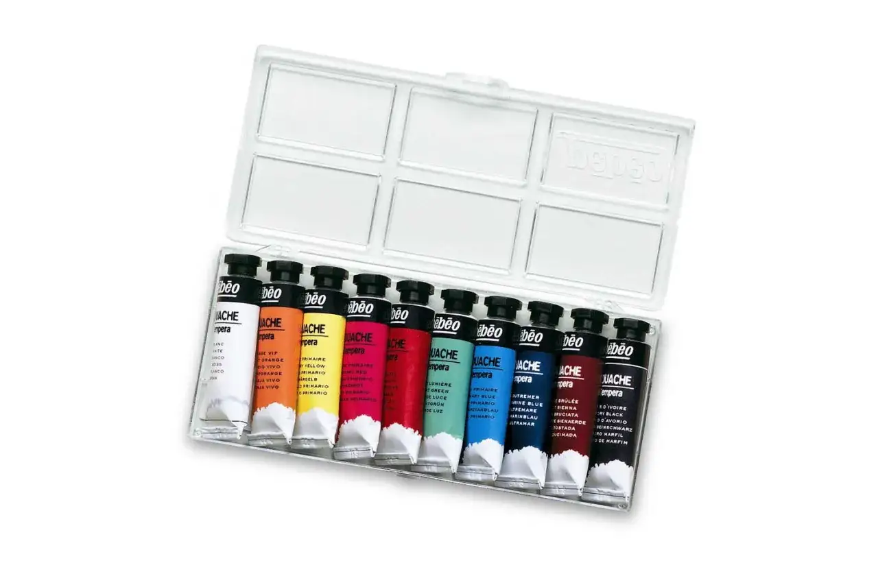 Une boîte ouverte de tubes de gouache tempera aux couleurs vives, prête à inspirer la créativité.