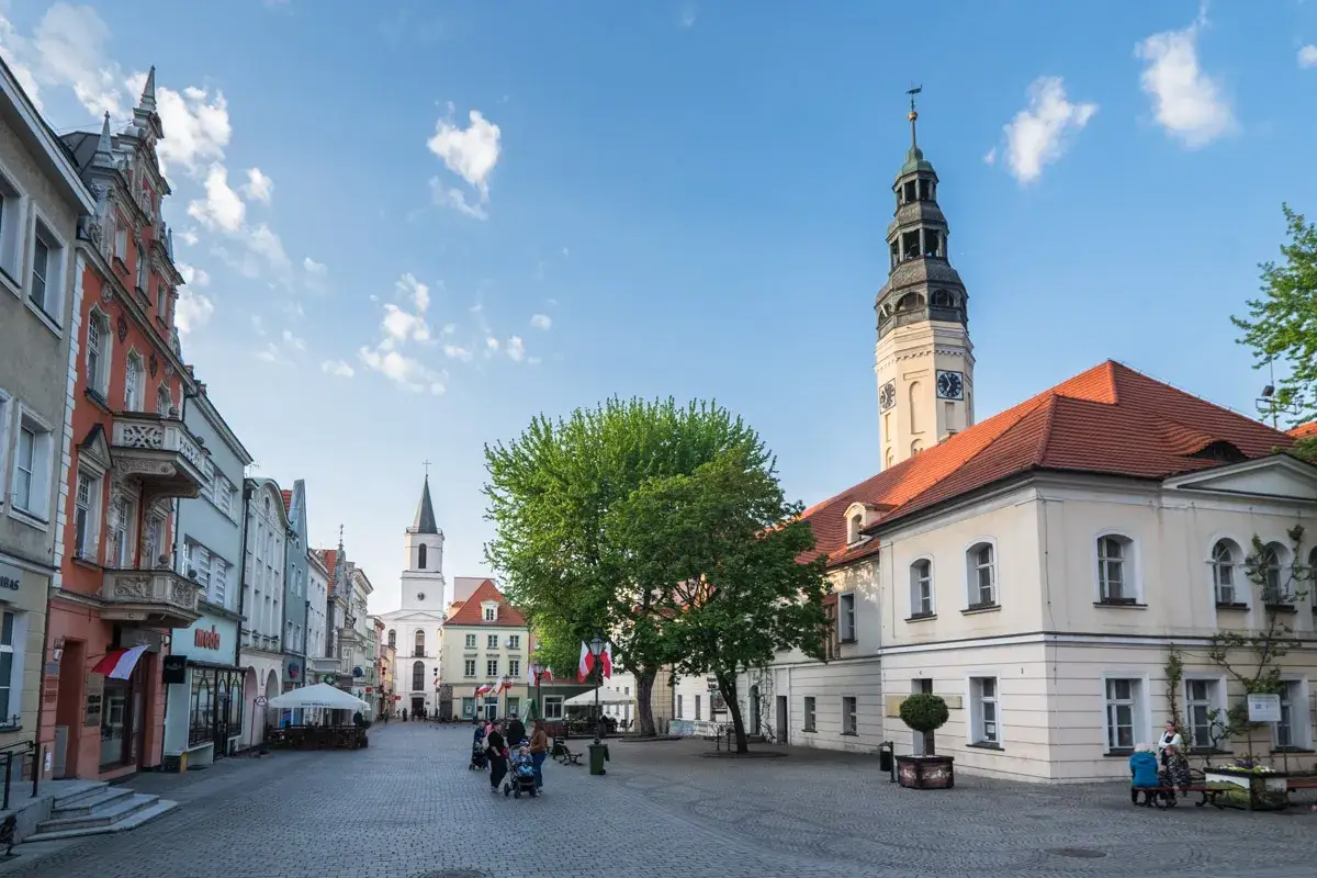 Zielona G&oacute;ra rynek tętni życiem. Widać ratusz z wieżą zegarową, kości&oacute;ł i kolorowe kamienice.
