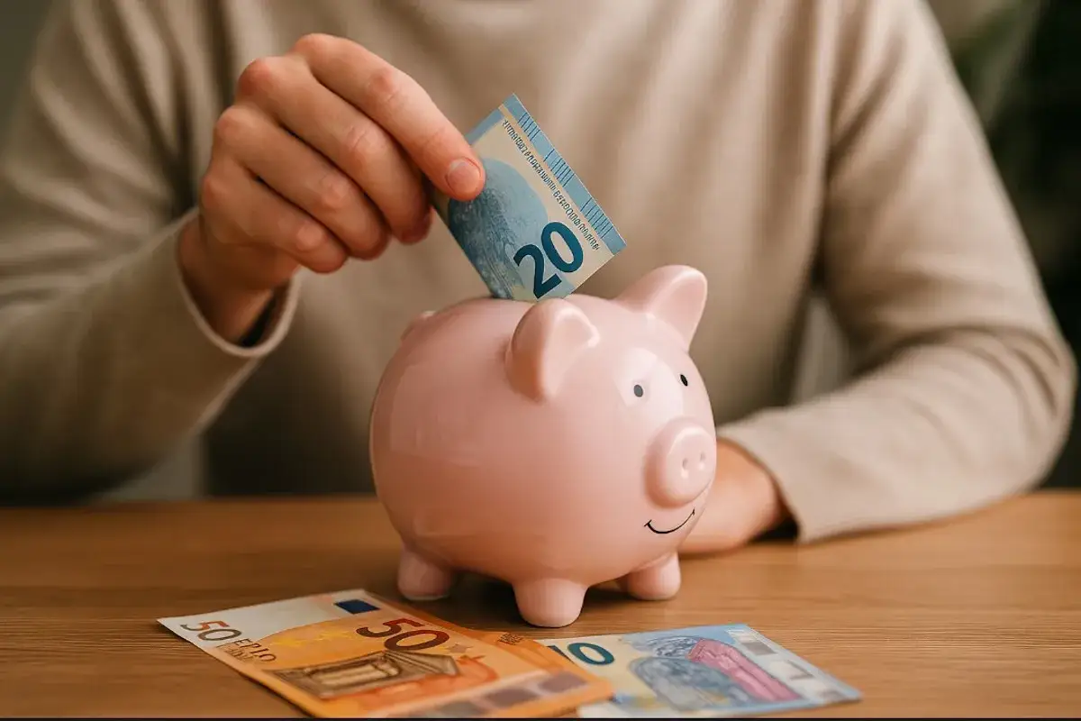 Oszczędzanie na wymarzone zakupy we francuskich sklepach. Różowa świnka-skarbonka przyjmuje banknot 20 euro.