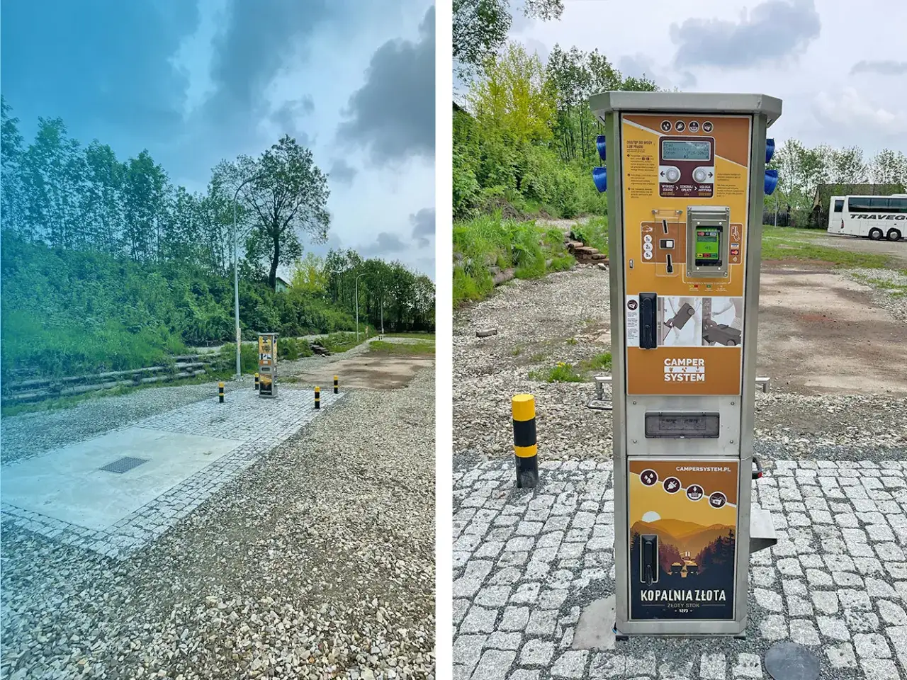 Nowoczesny kamper park z systemem płatności. Stacja obsługi dla kamperów z terminalem i infrastrukturą.