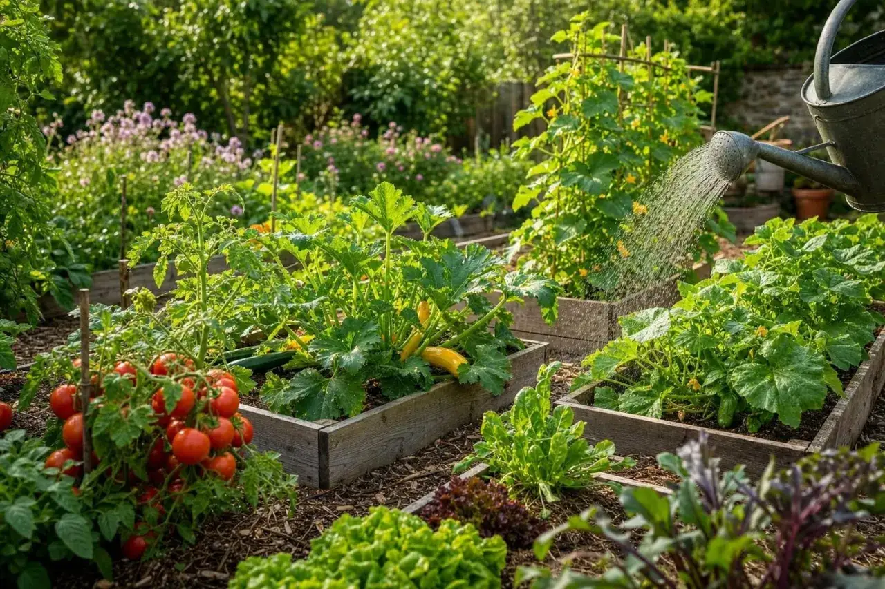 Un potager luxuriant en juin : tomates, courgettes, concombres et salades prosp&egrave;rent. Id&eacute;al pour savoir que planter en juin au potager.
