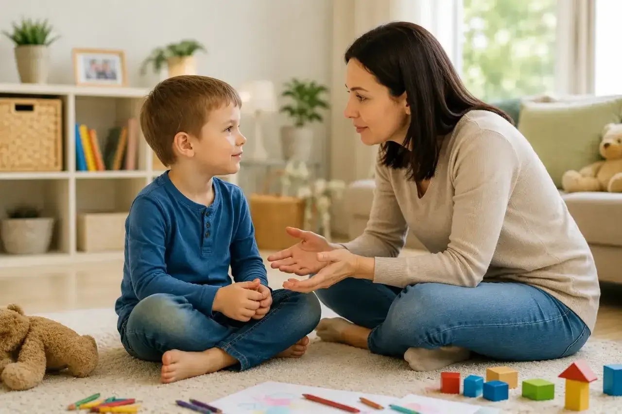 Mama próbuje wytłumaczyć coś 3-latkowi, który chyba nie słucha. Na dywanie leżą klocki i kredki.