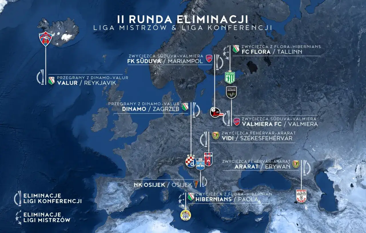 Mapa II rundy eliminacji Ligi Mistrzów i Ligi Konferencji. Polskie kluby w europejskich pucharach walczą o awans.