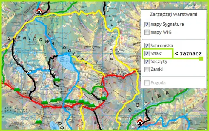 mapa szlak&oacute;w g&oacute;rskich z kolorami