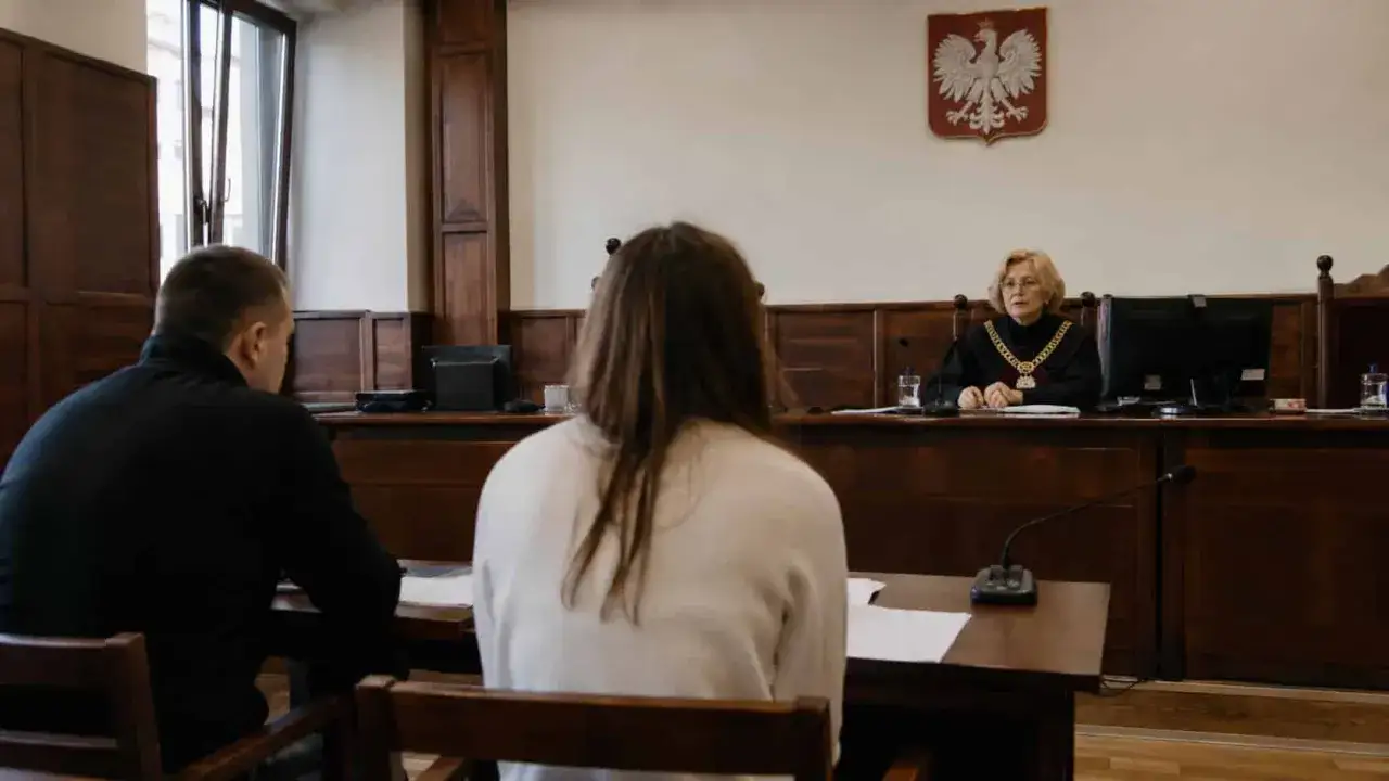 Sądowa sala. Mężczyzna siedzi tyłem, jego żona przed nim. Sędzia w todze słucha, gdy mąż kłamie na sprawie rozwodowej.