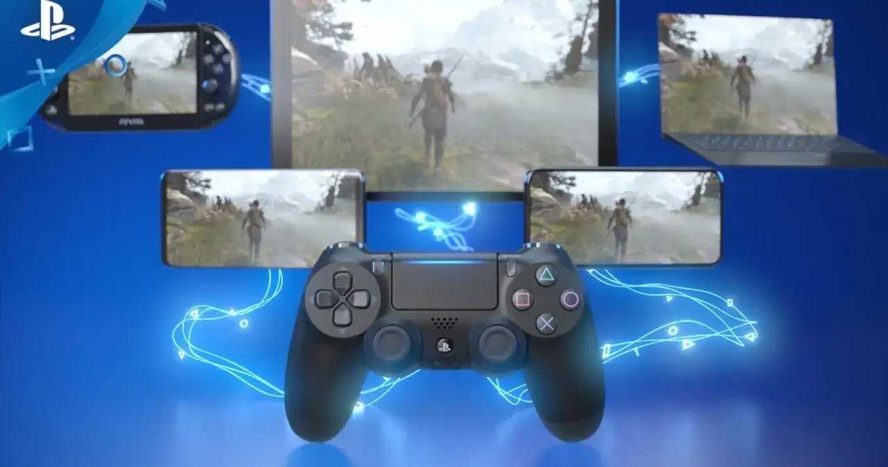 Kontroler DualShock 4, PS Vita, tablet i laptop wyświetlają grę, pokazując możliwości PS Remote Play na PC.