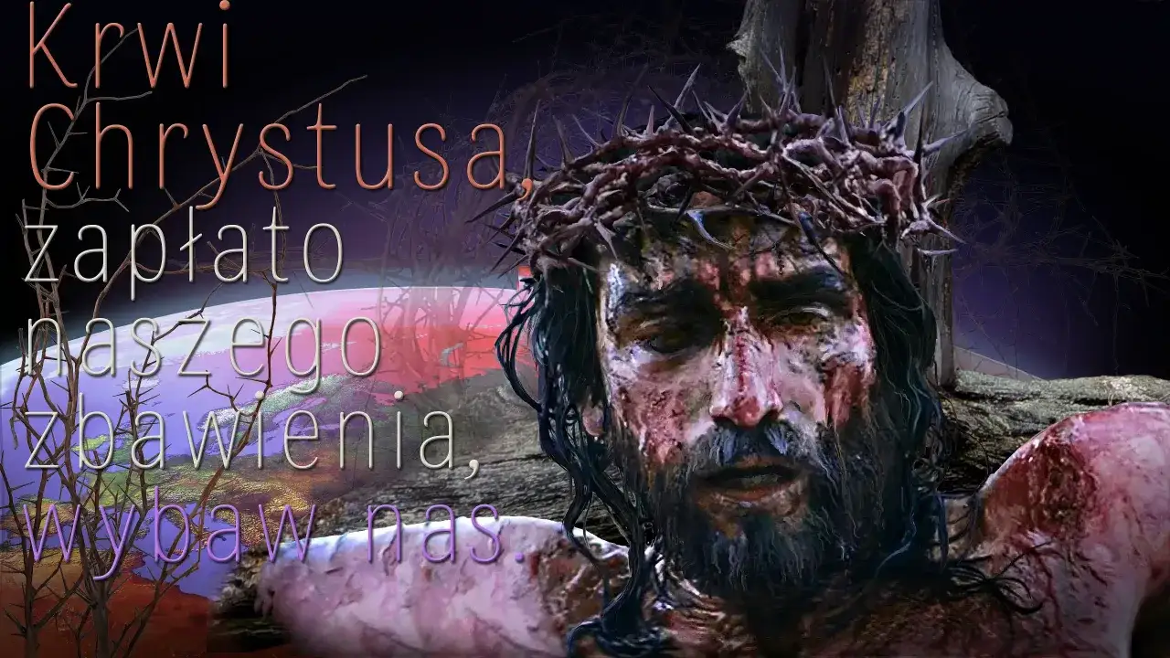 Chrystus w koronie cierniowej, z krwawymi ranami. Tekst:
