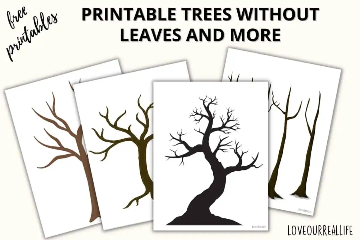 Varias siluetas de un árbol para imprimir, sin hojas, listas para usar en tus proyectos creativos.
