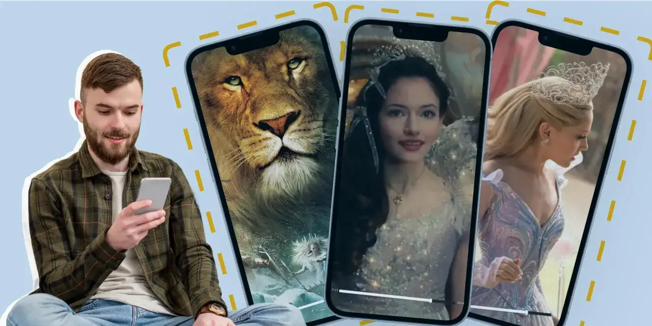Młody mężczyzna z telefonem w ręku ogląda fragmenty film&oacute;w fantasy. Może to być inspiracja, jak zrobić filmik na tiktoku z efektami.
